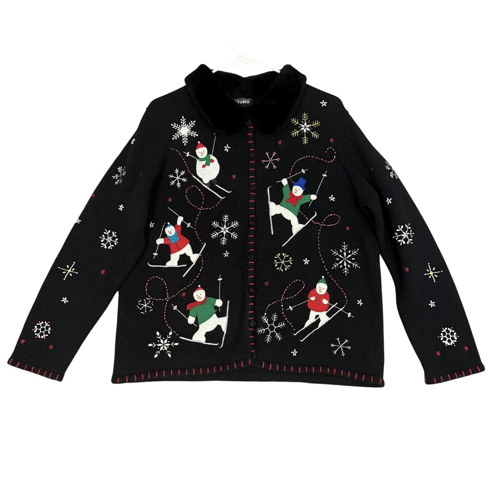 Designers Originals Studio Joy Cardigan Women Large Black Snowman Skiing Ugly‎